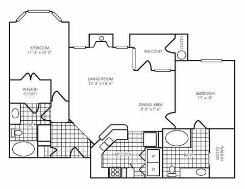 Floor plan for 2 beds, 2 baths, 1156 sqft
